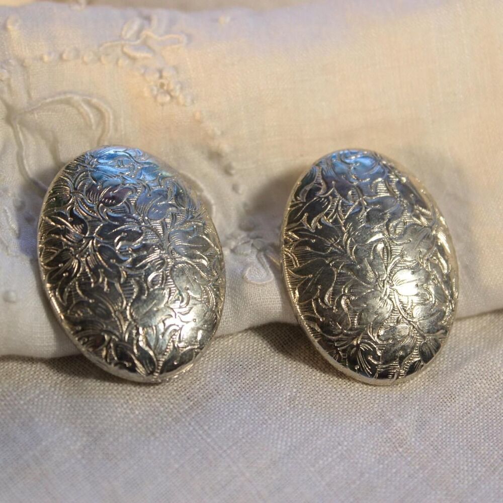Vintage Sterling Silver Etched Floral Oval Clip-On Earrings